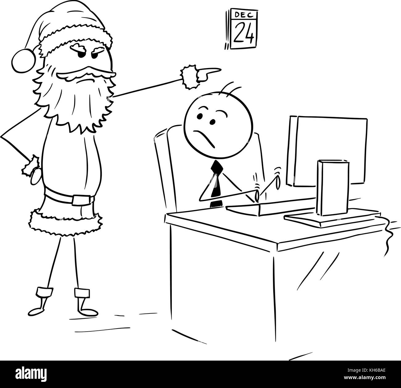 Cartoon stick man dessin illustration de l'homme travaillant sur ordinateur de bureau au cours de noël, le père Noël le forcer à quitter. Illustration de Vecteur