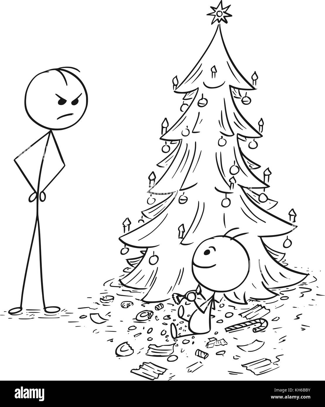 Cartoon stick man dessin illustration de bébé manger tous un bonbon à partir de l'arbre de Noël sans la permission des parents, le père à à lui. Illustration de Vecteur