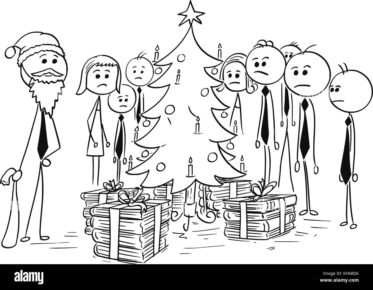 Cartoon stick man dessin illustration du groupe de gens d'affaires autour d'arbre de Noël ; patron au père Noël costume est en leur donnant plus de pa Illustration de Vecteur
