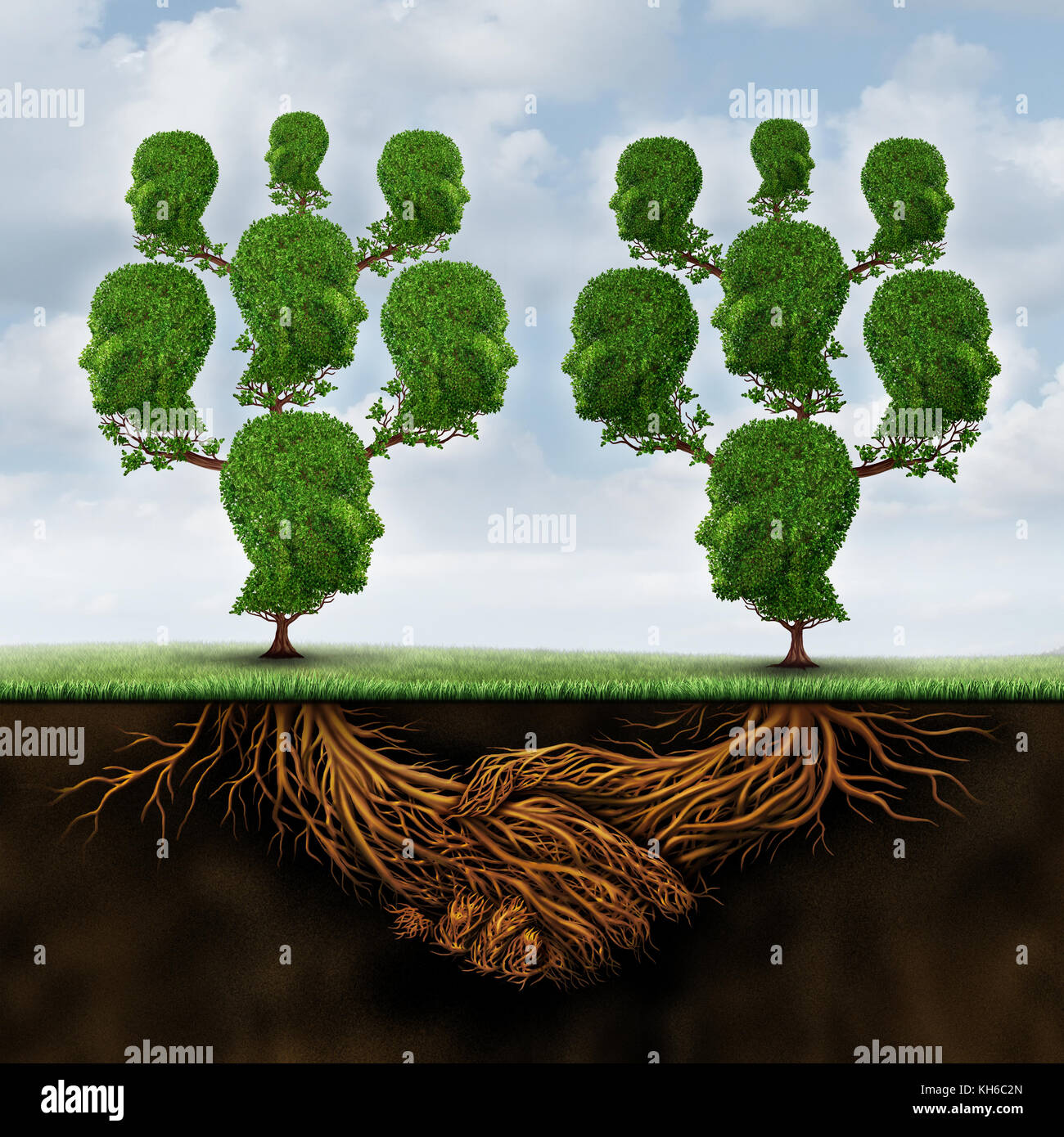 Accord de groupe et d'équipe de l'alliance concept organisation dans deux ensembles d'arbres de la famille l'association avec une racine souterraine. Banque D'Images