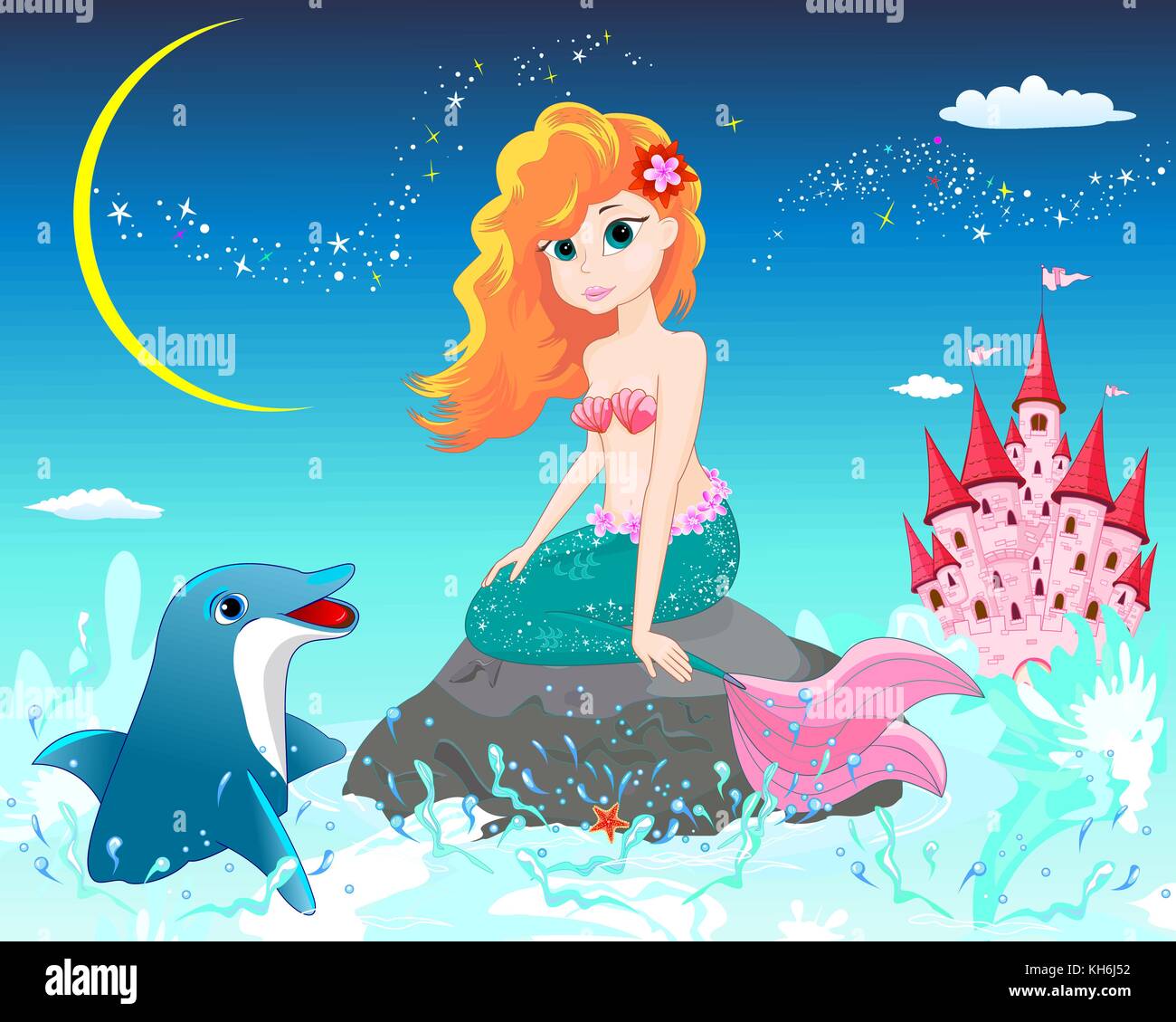 Sirène et dolphin . une belle sirène se repose sur une mer pierre. mermaid et dolphin sur fond de ciel étoilé de nuit. Illustration de Vecteur