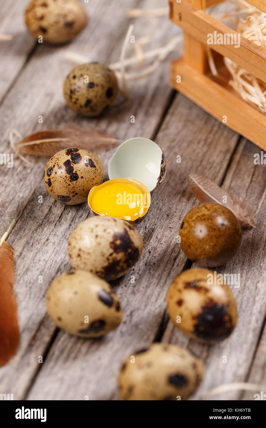 Oeufs de cailles avec plume sur fond de bois Banque D'Images