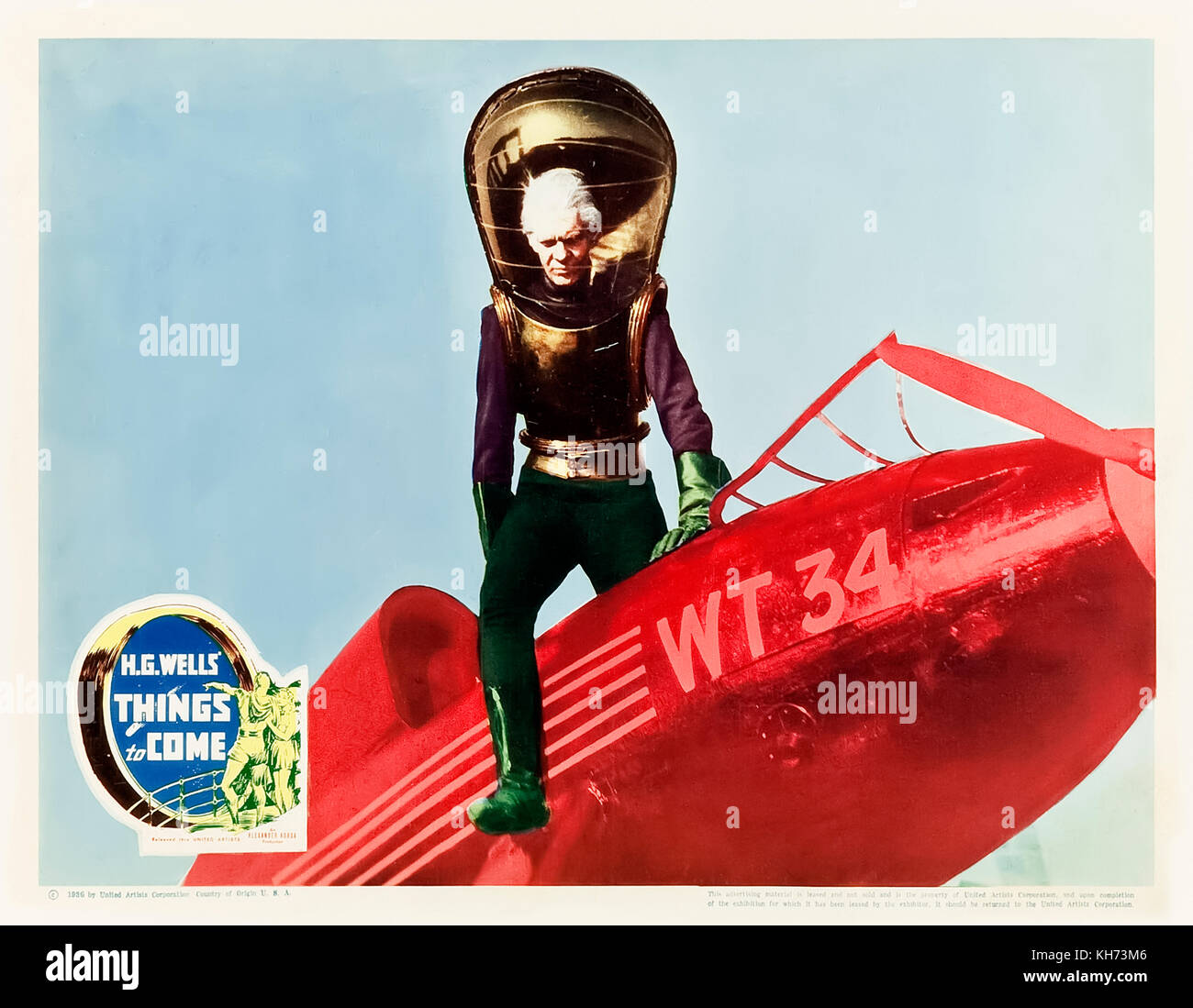 Oswald Cabal dans son scaphandre pas de sa machine volante. Hall de choses à venir (1936) réalisé par William Cameron Menzies. H.G. Wells développe son 1933 livre "La Forme des Choses à Venir" l'exploration d'un éventuel futur histoire de 1940 à 2036. Banque D'Images