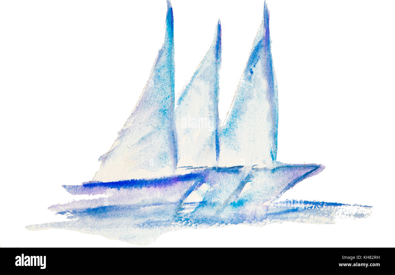 Trois bateaux à voile bleu qui se chevauchent sur un fond blanc dans un style aquarelle peinture Banque D'Images