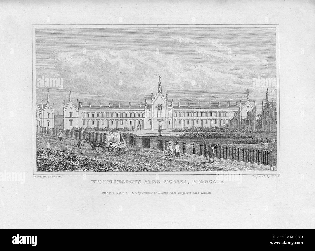 L'ALMS, Maisons Whittington Highgate, gravure de 'Metropolitan améliorations, ou de Londres au xixe siècle' London, England, UK 1828 Banque D'Images