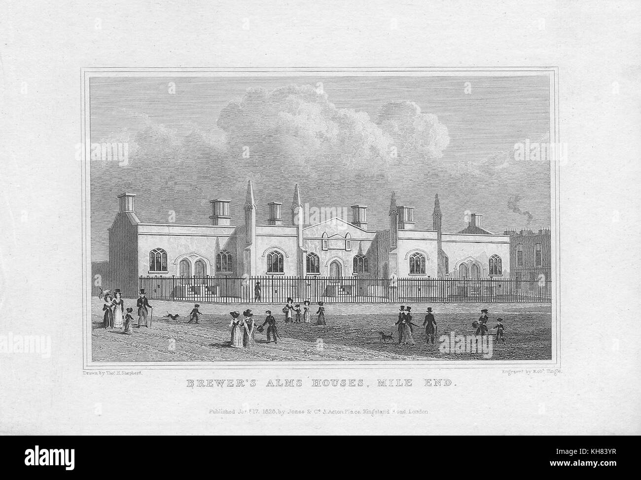 Brewer's Alms Maisons, Mile End, gravure de 'Metropolitan améliorations, ou de Londres au xixe siècle' London, England, UK 1828 Banque D'Images