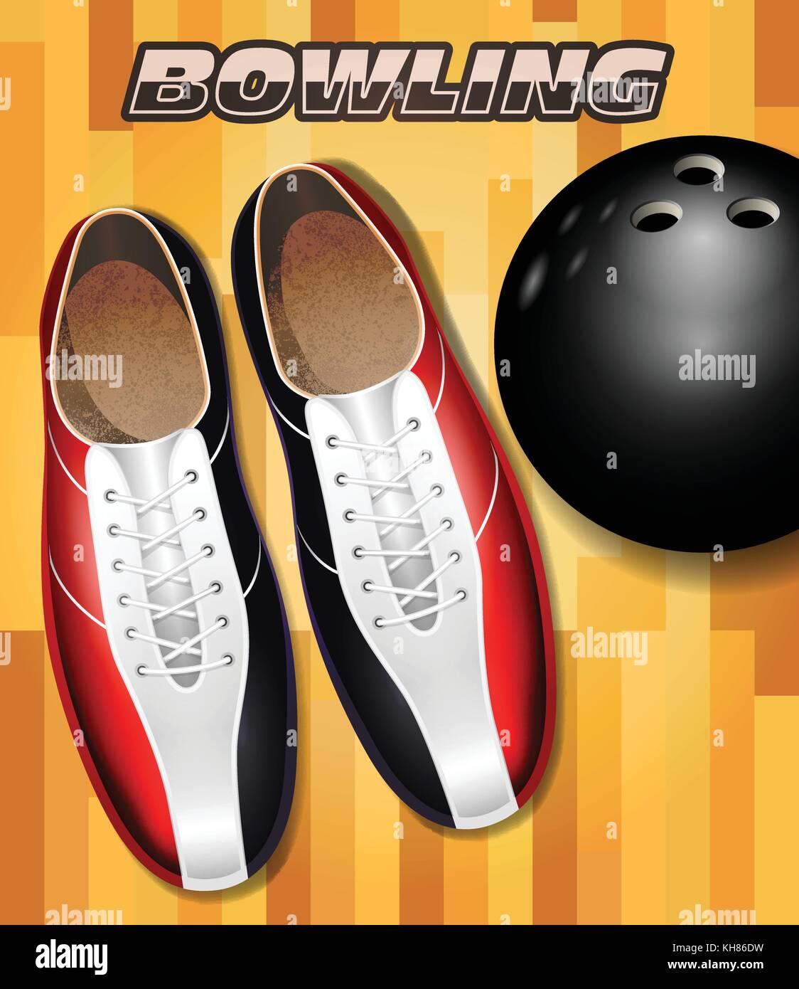 Chaussures de bowling et la balle sur la surface de plancher cour bowling Illustration de Vecteur