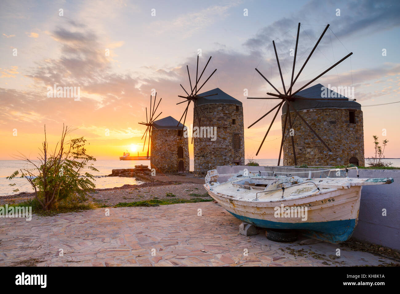 L'image du lever de l'icône de moulins à vent dans la ville de Chios. Banque D'Images