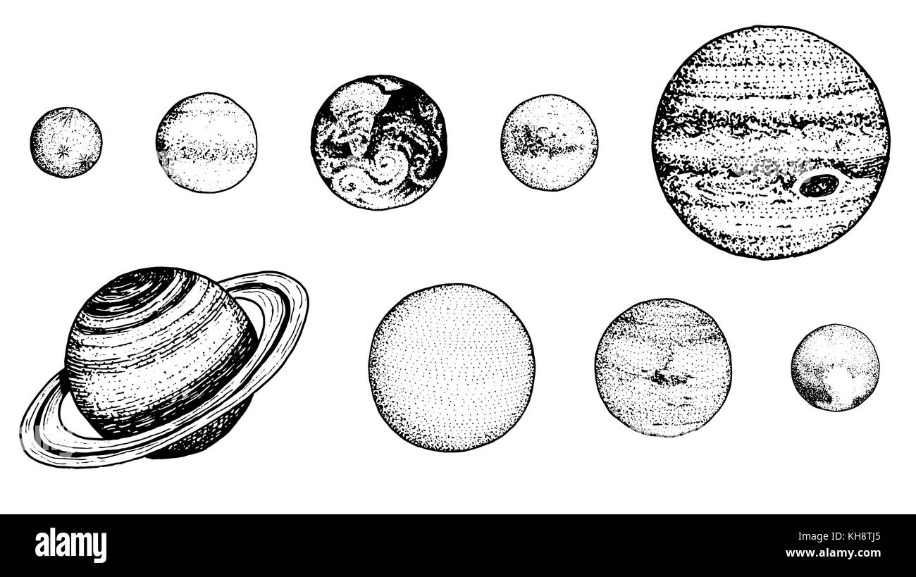 Planètes du système solaire. la lune et le soleil, mercure et la Terre, Mars et Vénus, Jupiter ou Saturne et pluton astronomique espace galaxy.. gravés à la main dans de vieux croquis, vintage style pour étiquette. Illustration de Vecteur