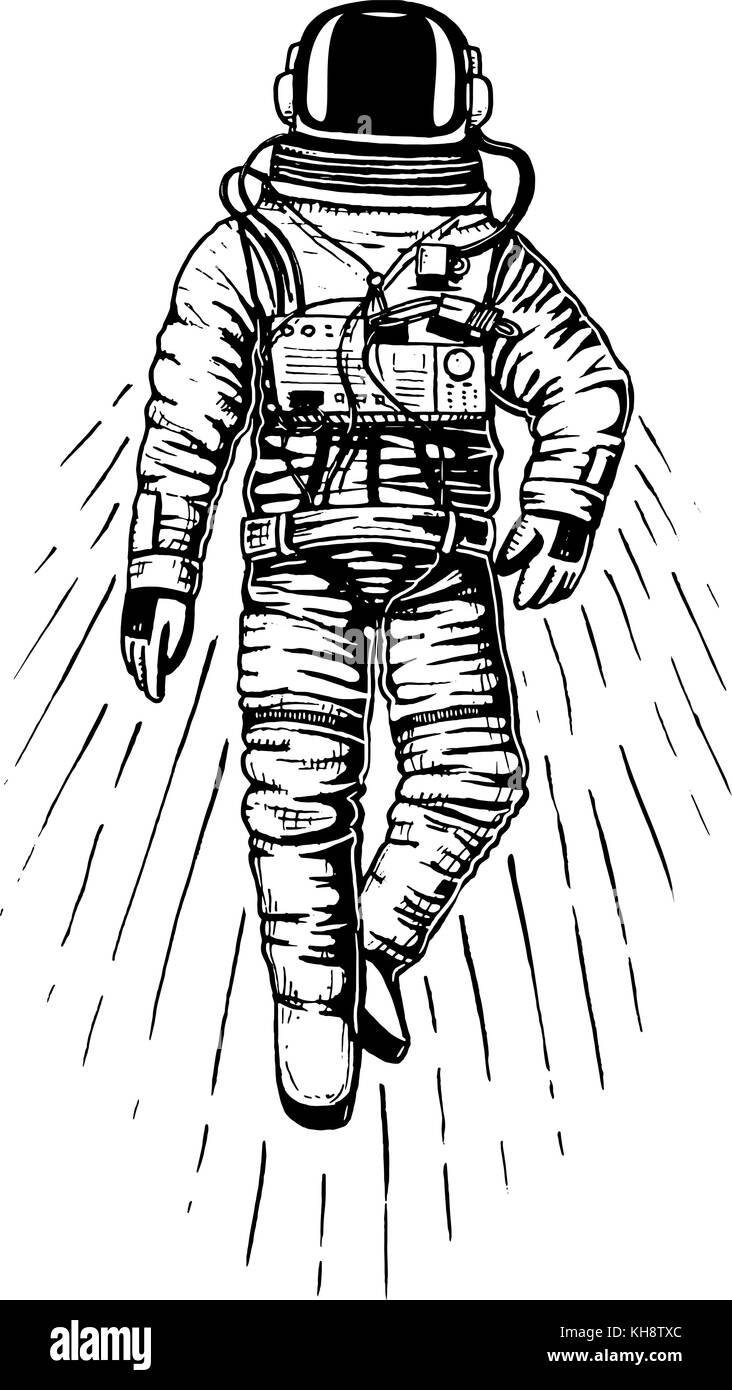 Spaceman astronaute. planètes de système solaire. d'astronomie galaxie espace. cosmonaut explorer aventure. gravés à la main dans de vieux croquis, vintage style pour étiquette ou t-shirt. Illustration de Vecteur