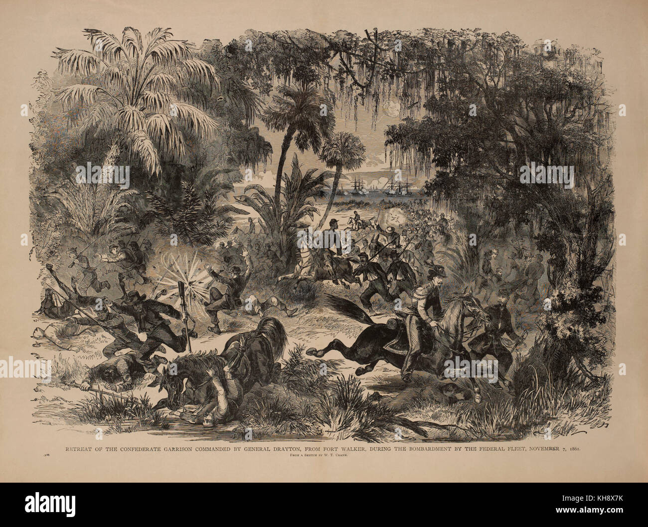 Retrait de la garnison confédérée commandée par le général Drayton, à partir de fort walker, pendant le bombardement par la flotte fédérale, le 7 novembre 1861, à partir d'un sketch par w.t. crane Banque D'Images