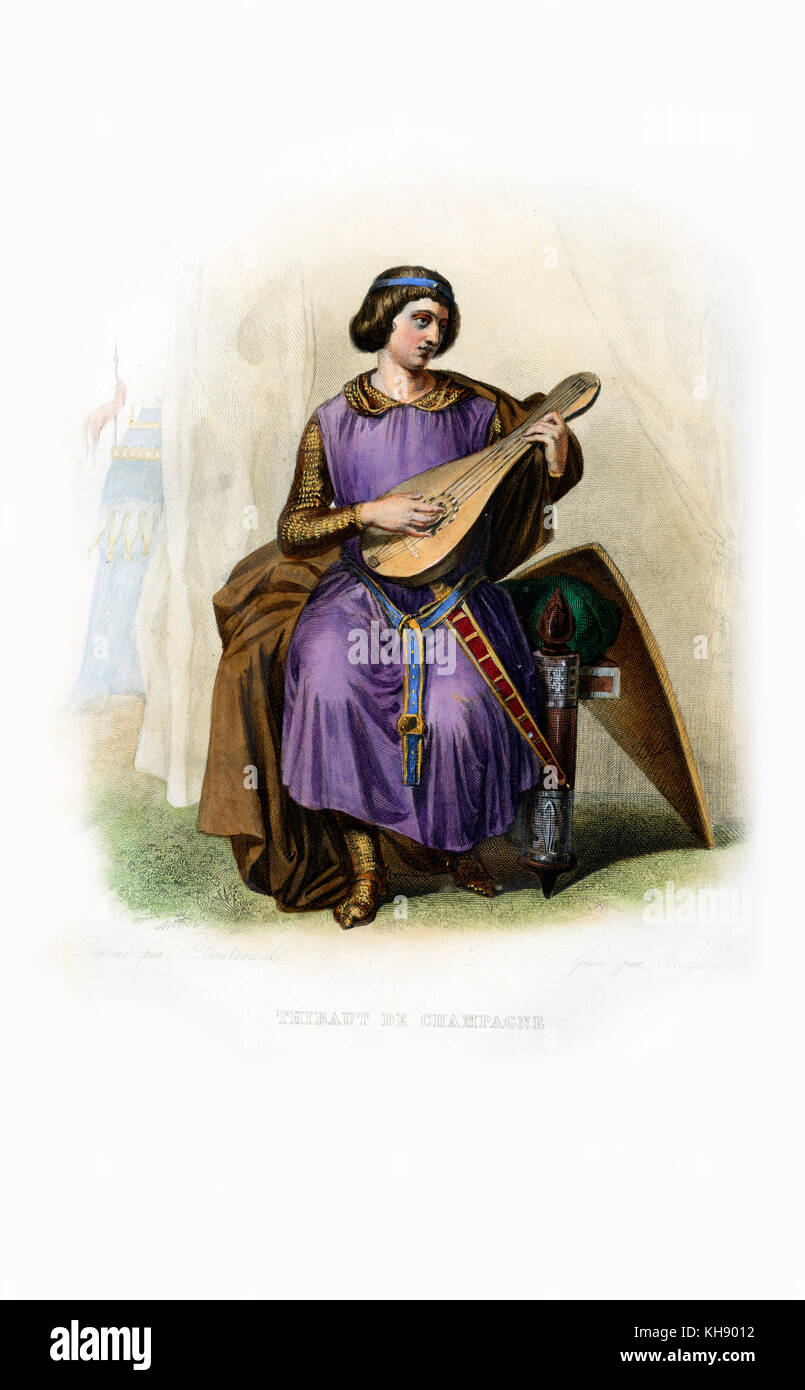Je Theobald (Anglais : Thibaut), aussi connu sous le Troubadour, le chansonnier. Jouant son luth. Roi de Navarre à partir de 1234. 1201-1253. Gravure par Cleszczynski. Banque D'Images