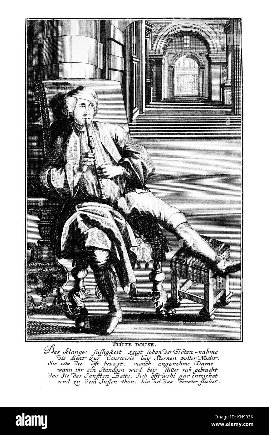 Homme jouant de la flûte avec clé (flûte douse/ flûte douce/ flûte à bec), 17e siècle. Gravure par J C Weigel (1661-1726) de la "usicalisches Theatrum'. Banque D'Images