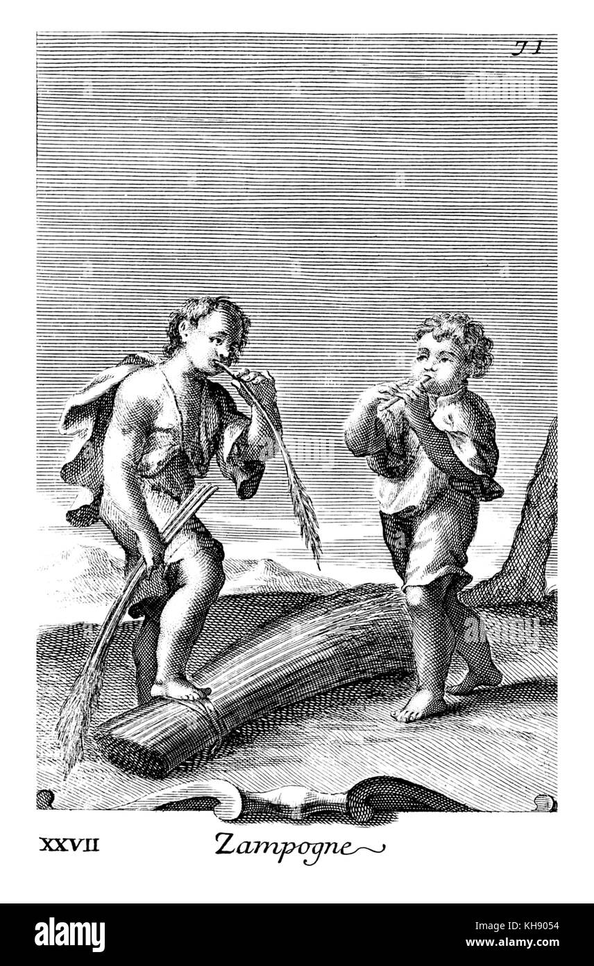 Deux jeunes garçons jouent au tuyaux rustique. Illustration de Filippo Bonanni's "Gabinetto Armonico" publié en 1723, l'Illustration 27. Gravure par Arnold van Westerhout.Caption reads Zampogne Banque D'Images