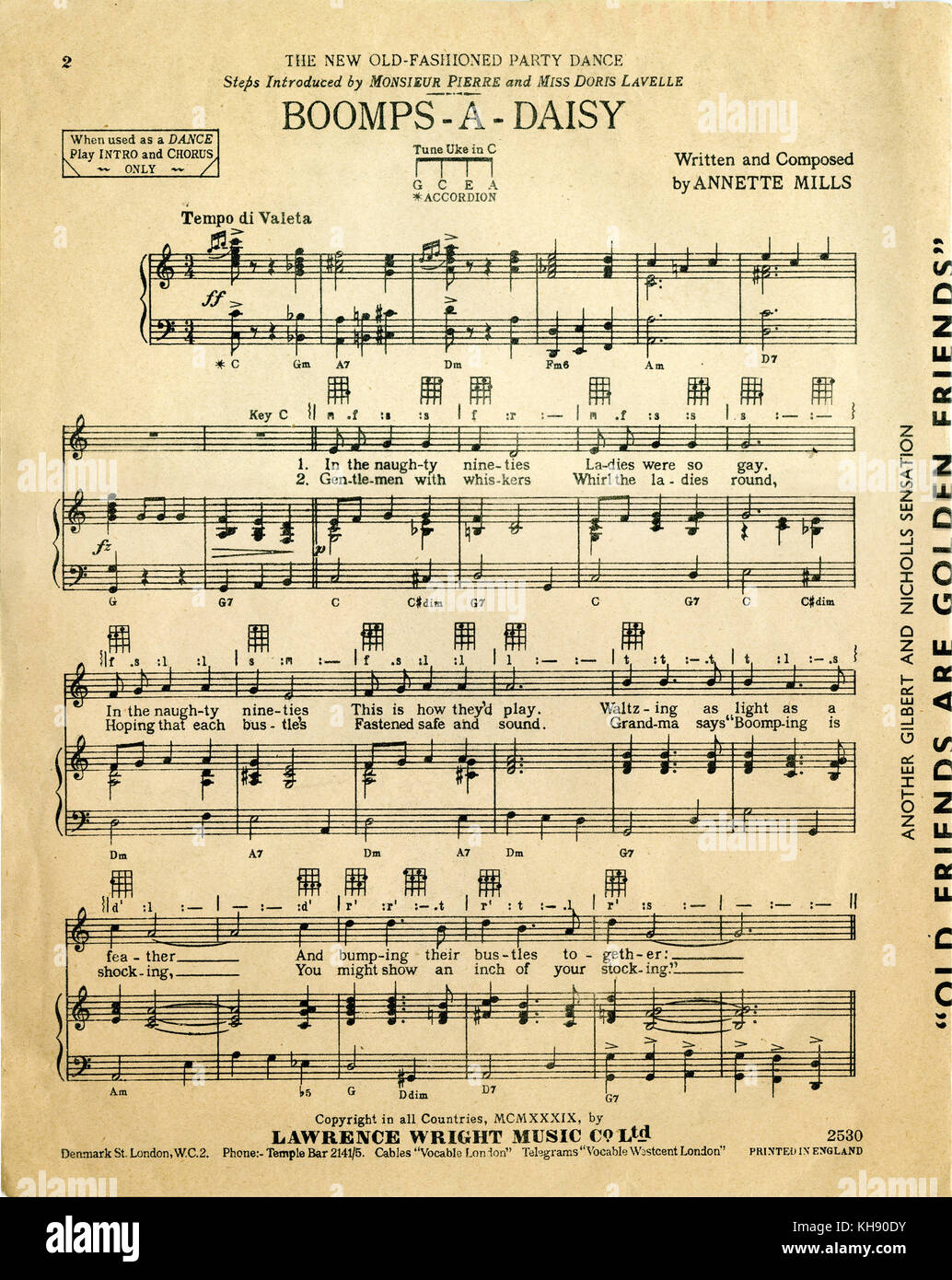 Les mains, les genoux et Boomps-a-Daisy danse - première page de la partition. Paroles et musique d'Annette Mills, Lawrence Wright Music Co, 1939. Banque D'Images