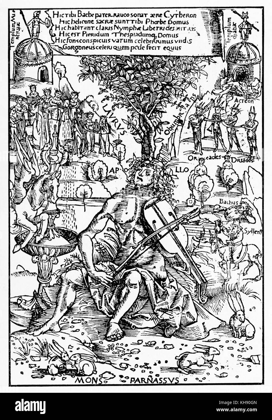 Elopoia «' page de titre (fixation d'Horace's 'odes') par l'humaniste Tirolese Petrus Tritonius Traybenraiff (Peter). Augsbourg, 1507. Erhard Oeglin. Dimensions de l'homme jouant de la guitare et de composer la mélodie. Plus ancien type allemand-imprimé mensural musique. Banque D'Images