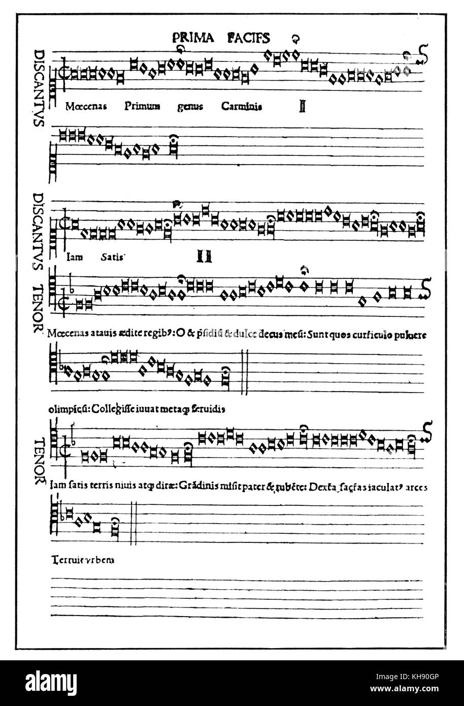 La page de la note "elopoia" (réglage d'Horace's 'odes') par l'humaniste Tirolese Petrus Tritonius Traybenraiff (Peter). Augsbourg, 1507, Erhard Oeglin. Plus ancien type allemand-imprimé mensural musique. Banque D'Images