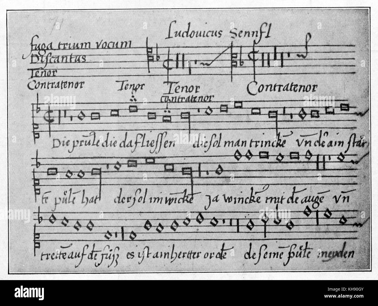 'Die Brünnlein fließen, die da', chanson en six parties par Senfl. Le manuscrit de l'an 1524, collection de chansons. Manuscrit 18810. Nationalbibliothek, Vienne. Banque D'Images