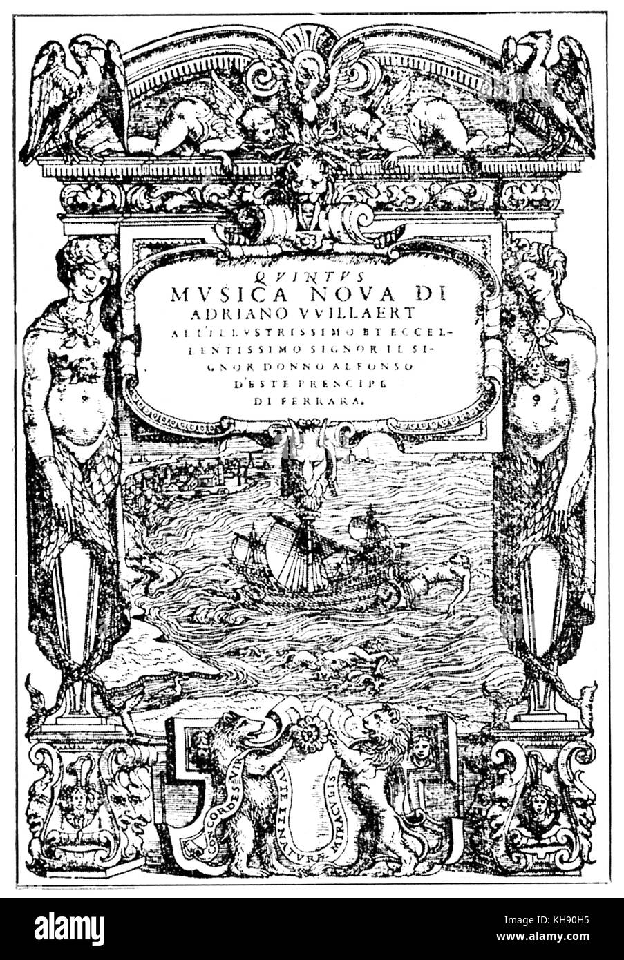 Page de titre de la 'Musica nova' par Adrian Willaert (collection de motets et madrigaux), Venise, 1559. Banque D'Images