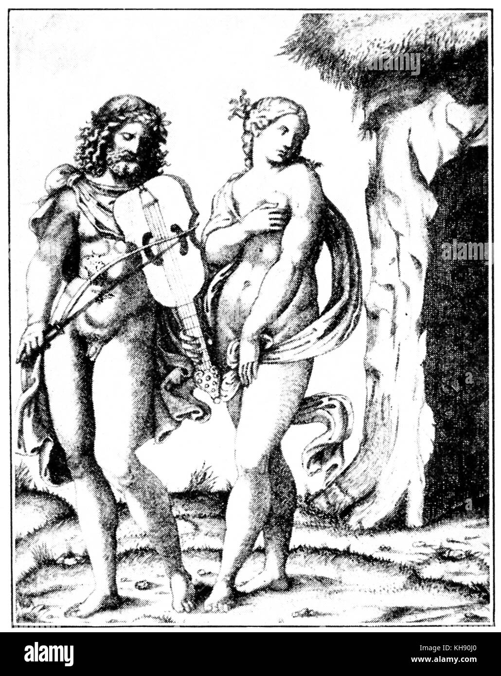 Orpheus (avec viola da braccio) et d'Eurydice. Gravure par Marc Aantonio Raimondi, graveur italien, ch. 1480 - c. 1534. Banque D'Images