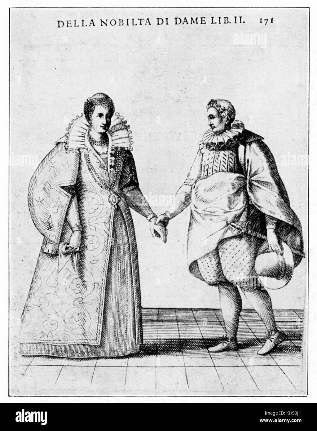 Couple danse Renaissance (aristocratie) - gravure par Giacomo Franco de la 'Ballarino Fabritio Caroso d',sur la danse et cosutme de la fin Renaissance italienne, Venise, 1581. Banque D'Images