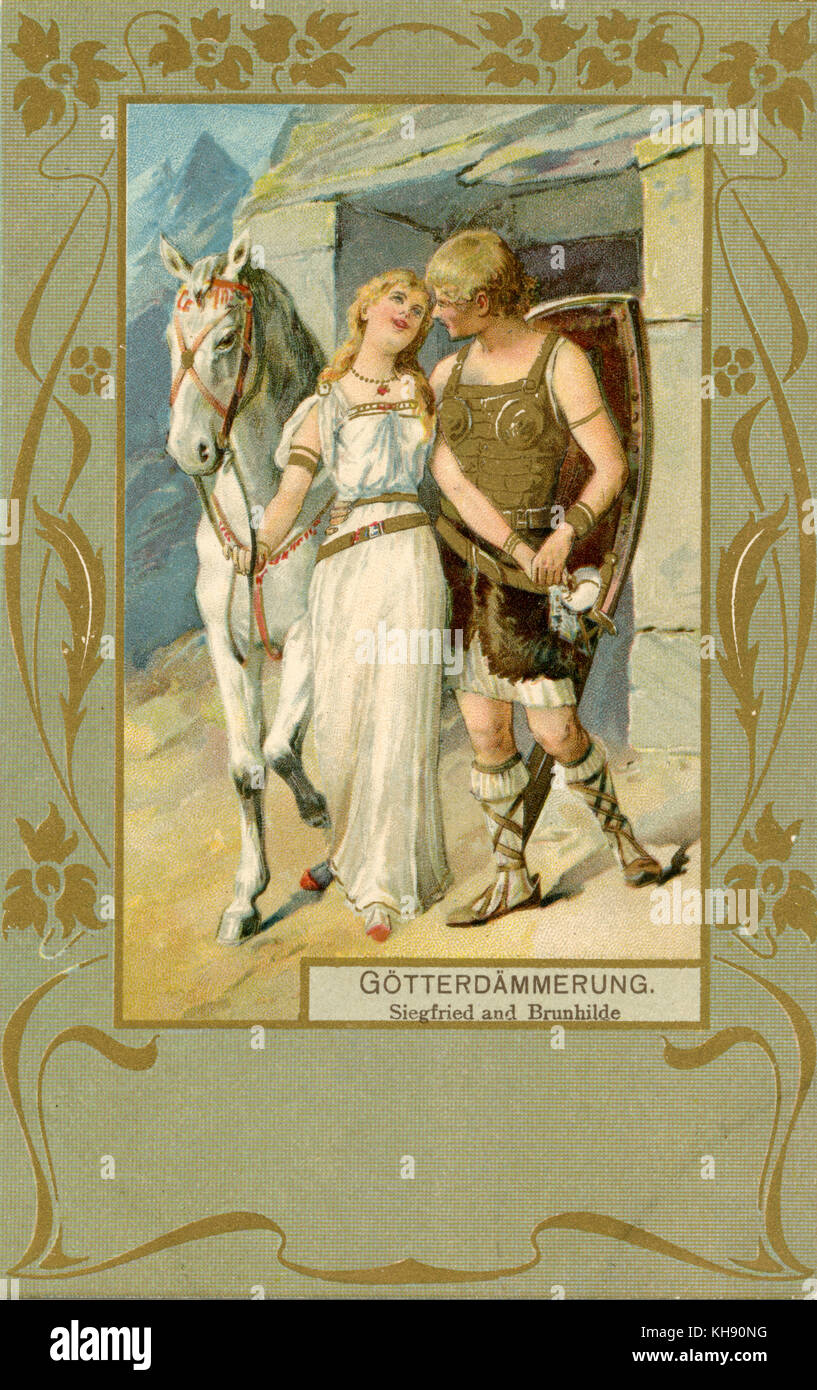 Götterdämmerung de Wagner - illustration. Richard Wagner, compositeur allemand & Auteur : 22 mai 1813 - 13 février 1883. Illustration de Siegfried et de Brunhilde avec cheval. À partir de l'opéra 'Götterdämmerung' ('Crépuscule des dieux'), le dernier de la tétralogie "Der Ring des Nibelungen (L'Anneau du Nibelung, l'Anneau des Nibelungen, le cycle). Banque D'Images