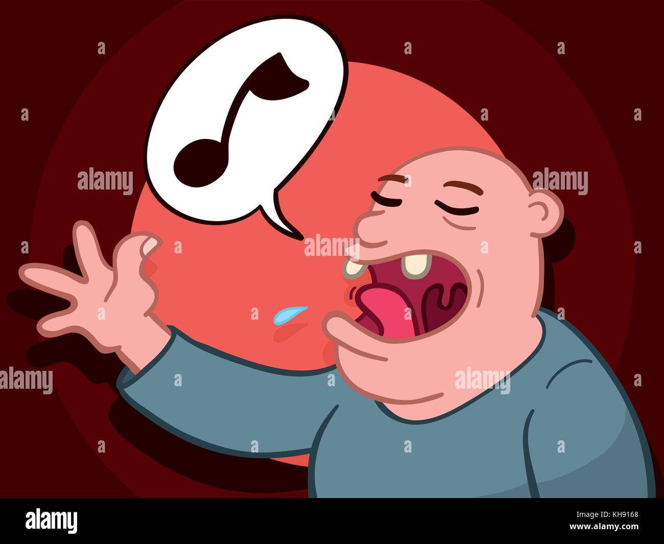 Cartoon illustration d'un homme chauve chanter une chanson avec sa bouche ouverte montrant deux dents avec une note de musique dans une bulle comme il l'effectue Illustration de Vecteur