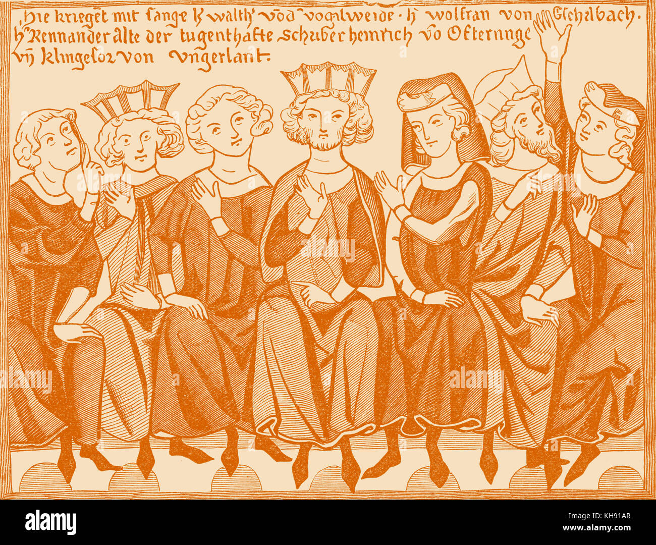 Congrès poétique et musicale à Warburg, 1207. Avec les Minnesingers, Walther von der Vogelweide, Wolfram d'Eschenbach, Reinmar de Zweter, Henry a appelé l'écrivain vertueux, Henri de Ofterdingen, Klingsor et de la Hongrie. À partir de la 14e siècle manuscrit. Banque D'Images