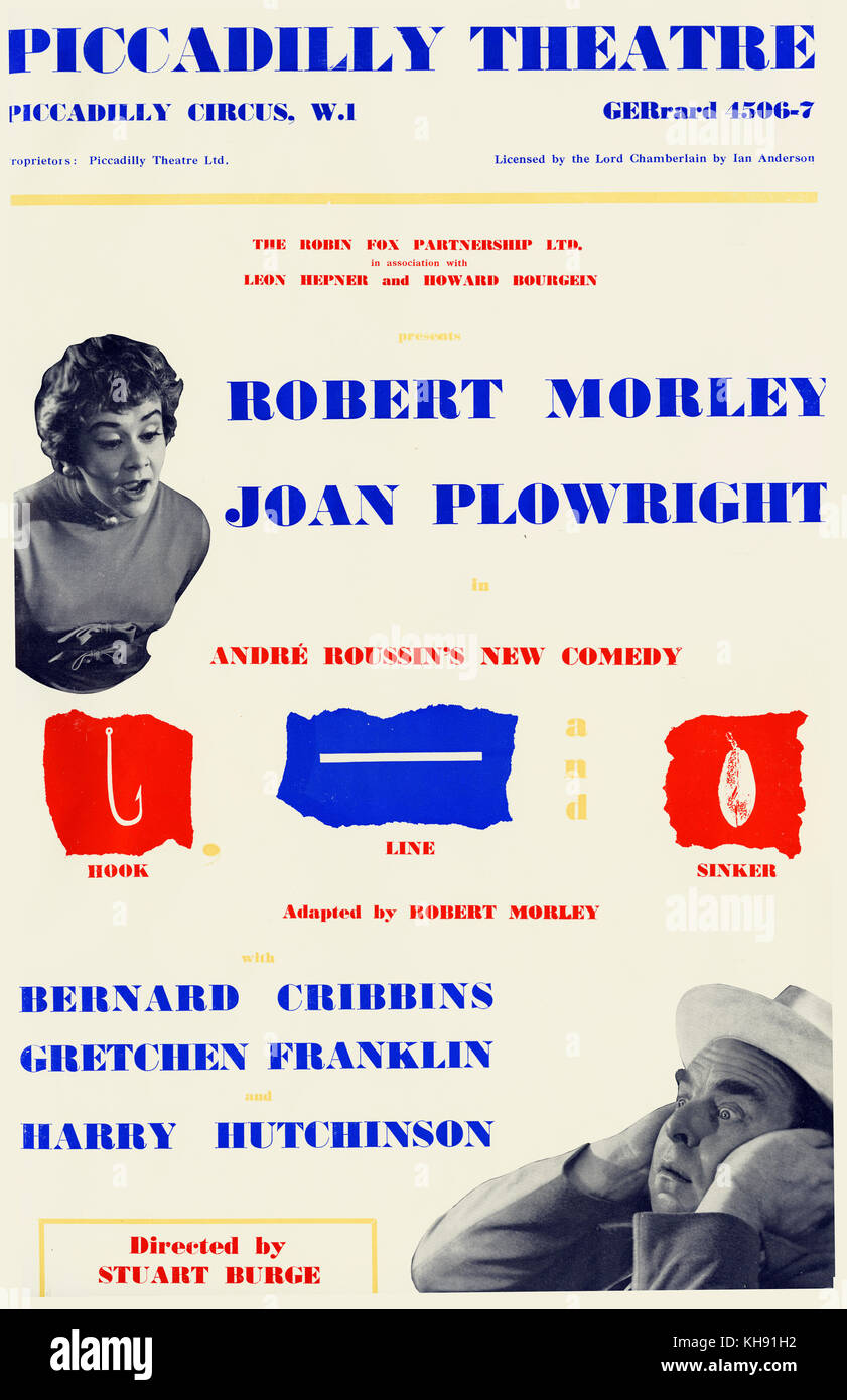 Crochet, Ligne et platine - jouer par André Roussin. Poster pour Premiere à Picadilly Theatre, Londres, 19 novembre 1958. Avec Robert Morley et Joan Plowright. Réalisé par Stuart Burge. Décor de Bernard Daydé. Adapté par Robert Morley. AR : auteur dramatique français, 22 janvier 1911 - 3 novembre 1987. Banque D'Images