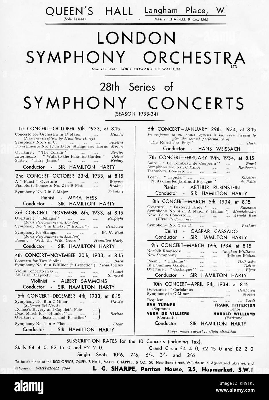 Queen's Hall Concert Hall, Londres - advetisment pour 1933 - saison 1934 des concerts symphoniques. Banque D'Images