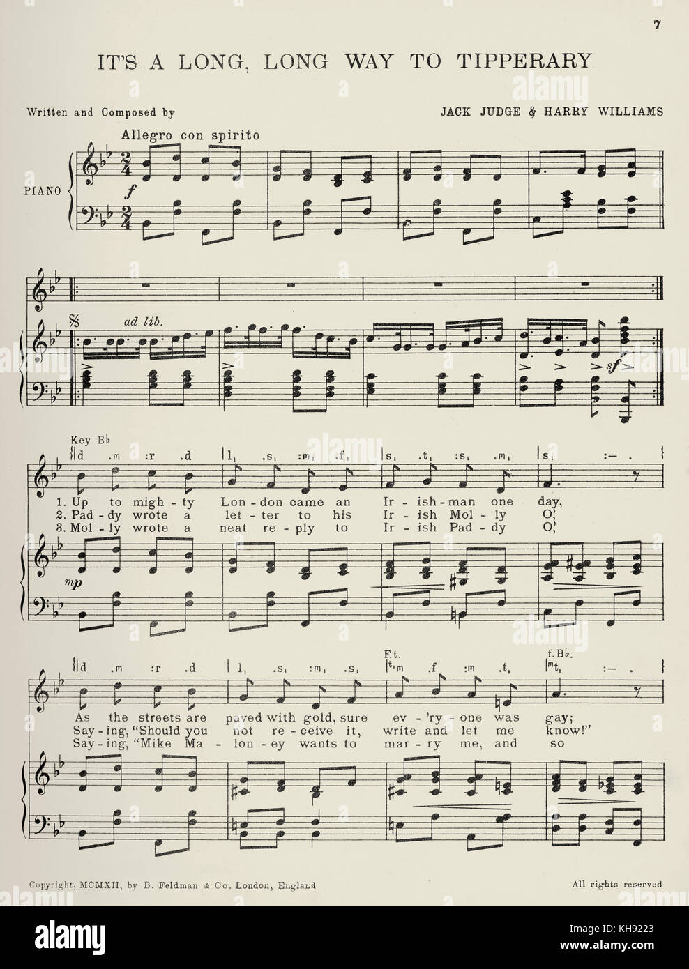 It's a Long, Long Way to Tipperary - chanson écrite et composée par Jack Juge et Harry Williams. Page 1 sur 3. 1912. Populaire au cours de la Seconde Guerre mondiale 1. Banque D'Images