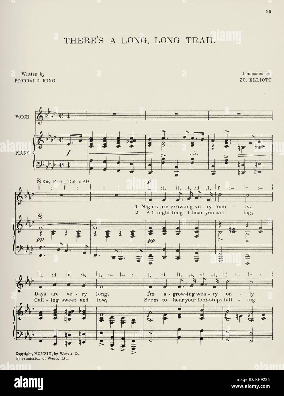 'Il y a un Long, Long Trail' - chanson écrite par King Stoddard et composé par Zo Elliot. 1913. Populaire au cours de la Seconde Guerre mondiale 1. Page 1 sur 3. Banque D'Images