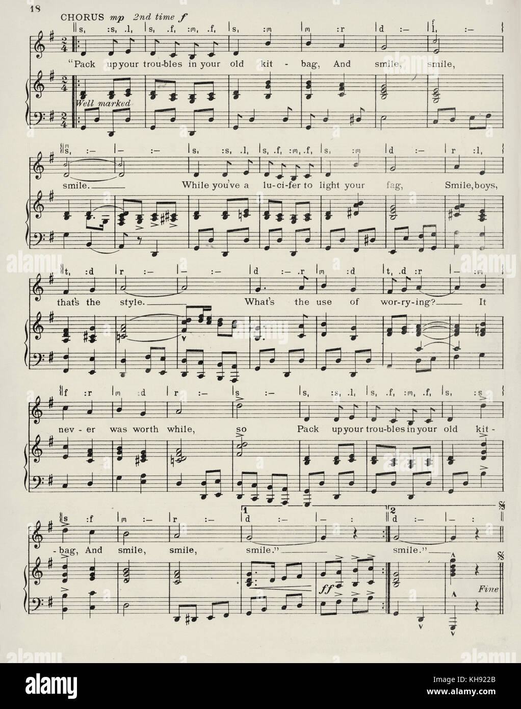 'Pack Up vos ennuis dans votre vieux Kit- Sac - chanson composée par Felix Powell avec lyrics par George Asaf. 1915. Page 3 sur 3. Populaire au cours de la Seconde Guerre mondiale 1. Banque D'Images