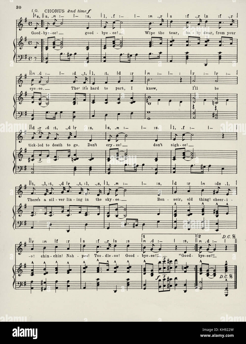 'Bon Bye -- Ee !' - chanson écrite et composée par R.P.Weston et Bert Lee. 1917. Populaire au cours de la Première Guerre mondiale. Page 3 sur 3. Banque D'Images