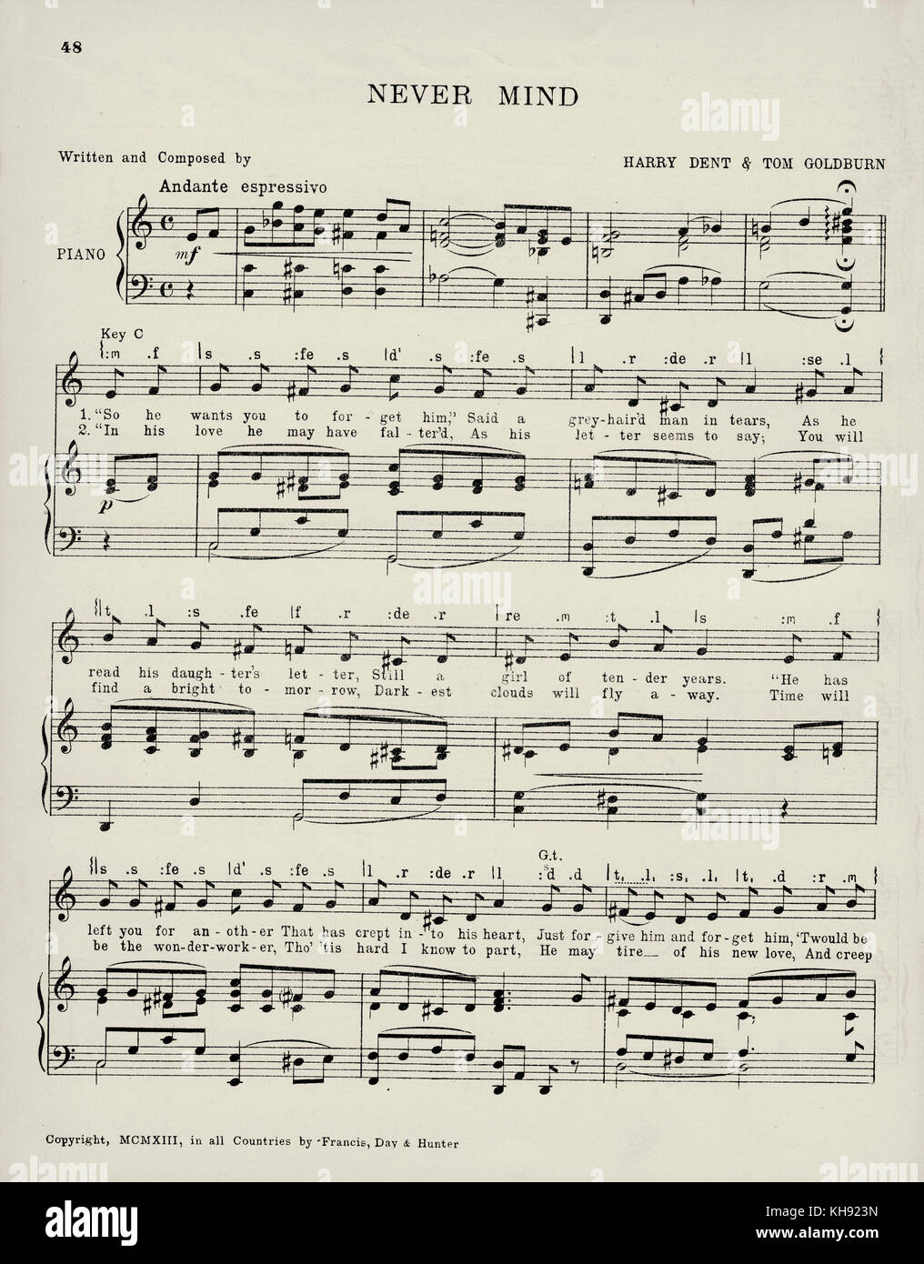 "Jamais l'esprit' - chanson écrite et composée par Harry et Tom Goldburn Dent. 1913. Populaire au cours de la Seconde Guerre mondiale 1. Page 1 sur 2. Banque D'Images