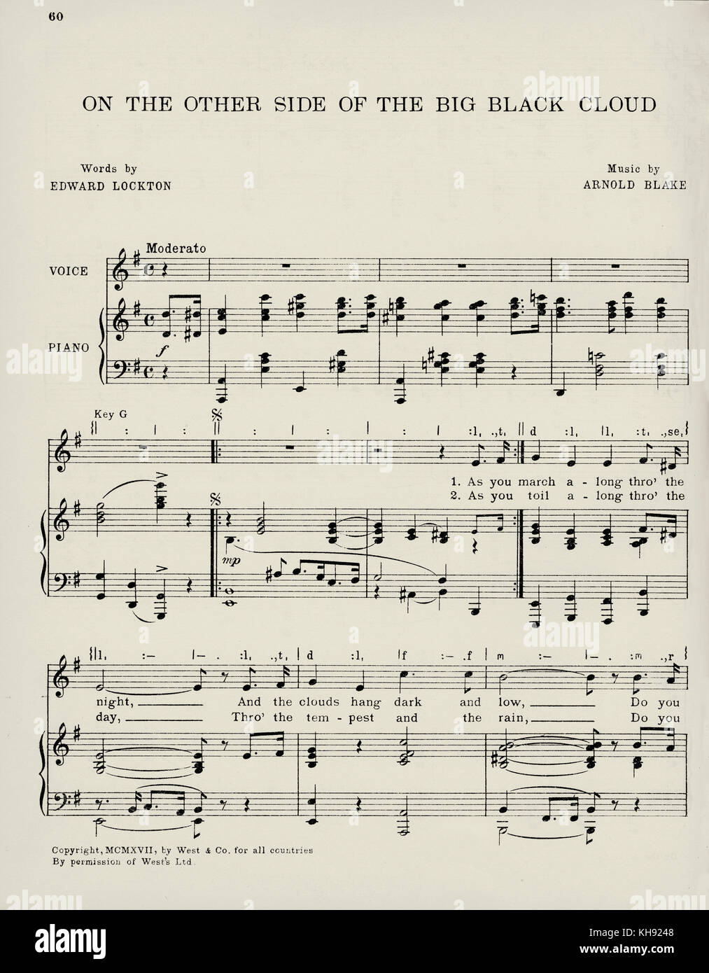 "De l'autre côté du grand nuage noir' - chanson écrite par Edward Lockton avec musique de Arnold Blake. 1917. Populaire au cours de la Première Guerre mondiale. Page 1 de 3. Banque D'Images