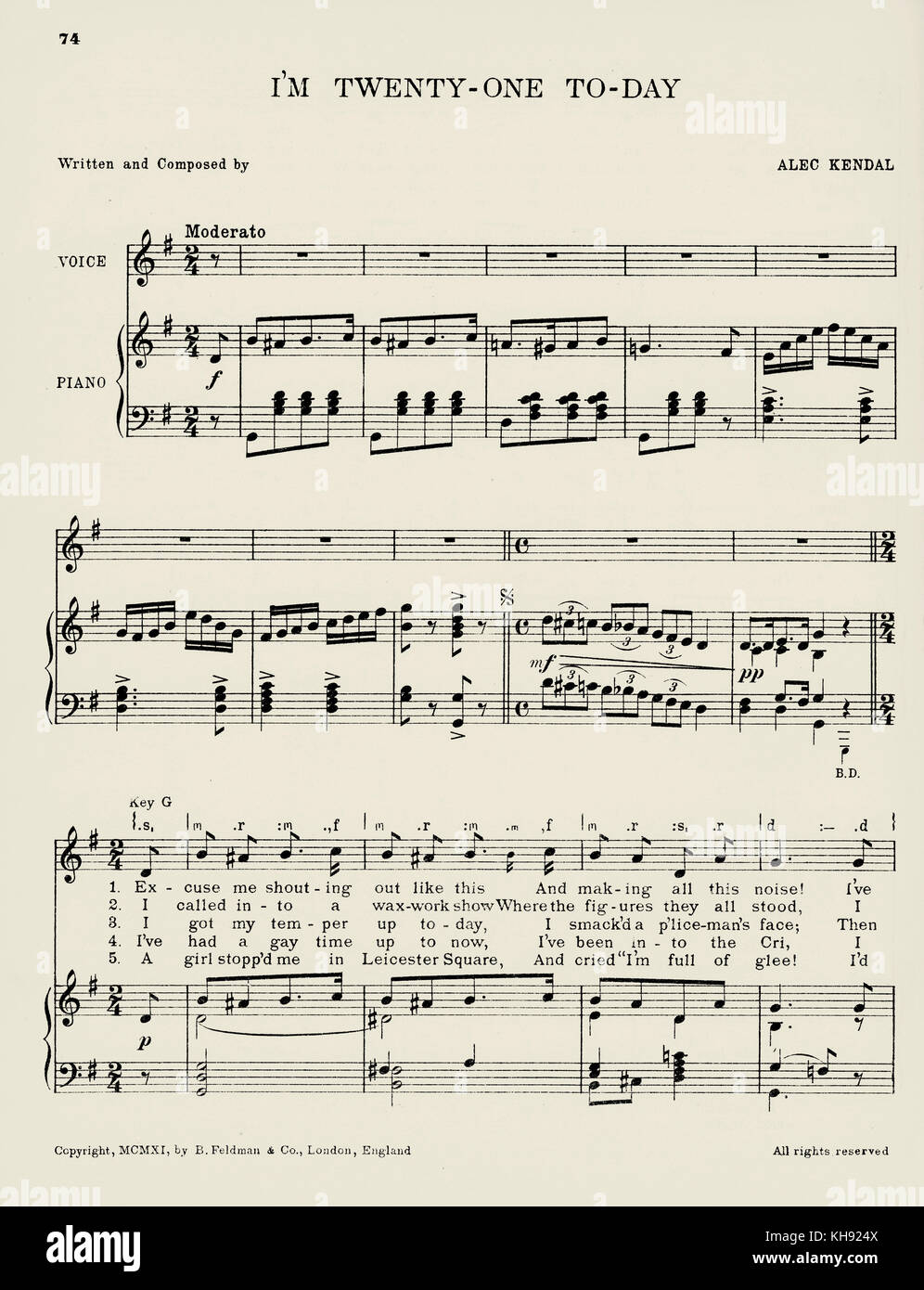 'Je suis aujourd'hui 21' - chanson partition écrite et composée par Alec Kendal. 1911. Populaire au cours de la Première Guerre mondiale. Page 1 de 3. Banque D'Images