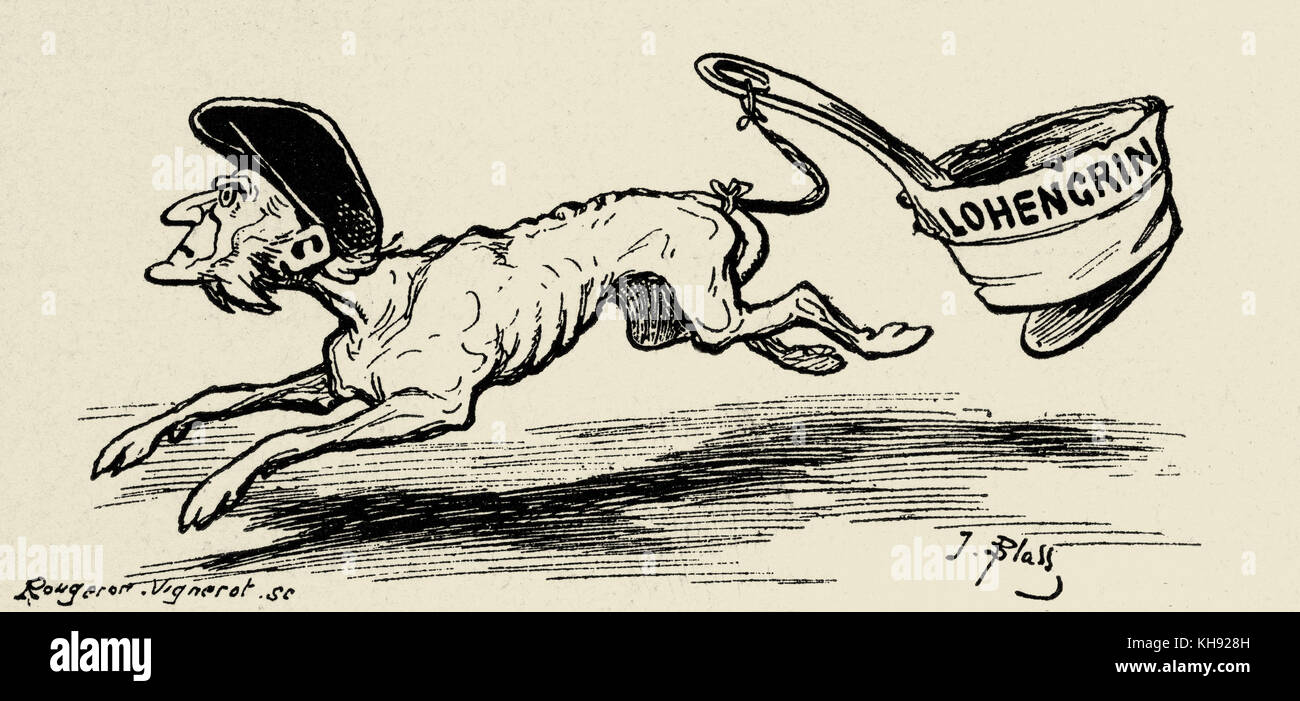 Richard Wagner 's World Tour - caricature comme un chien tirant le long d'un pot cassé intitulée "Lohengrin". Par J. Blass. RW : compositeur allemand & auteur, 22 mai 1813 - 13 février 1883. Banque D'Images