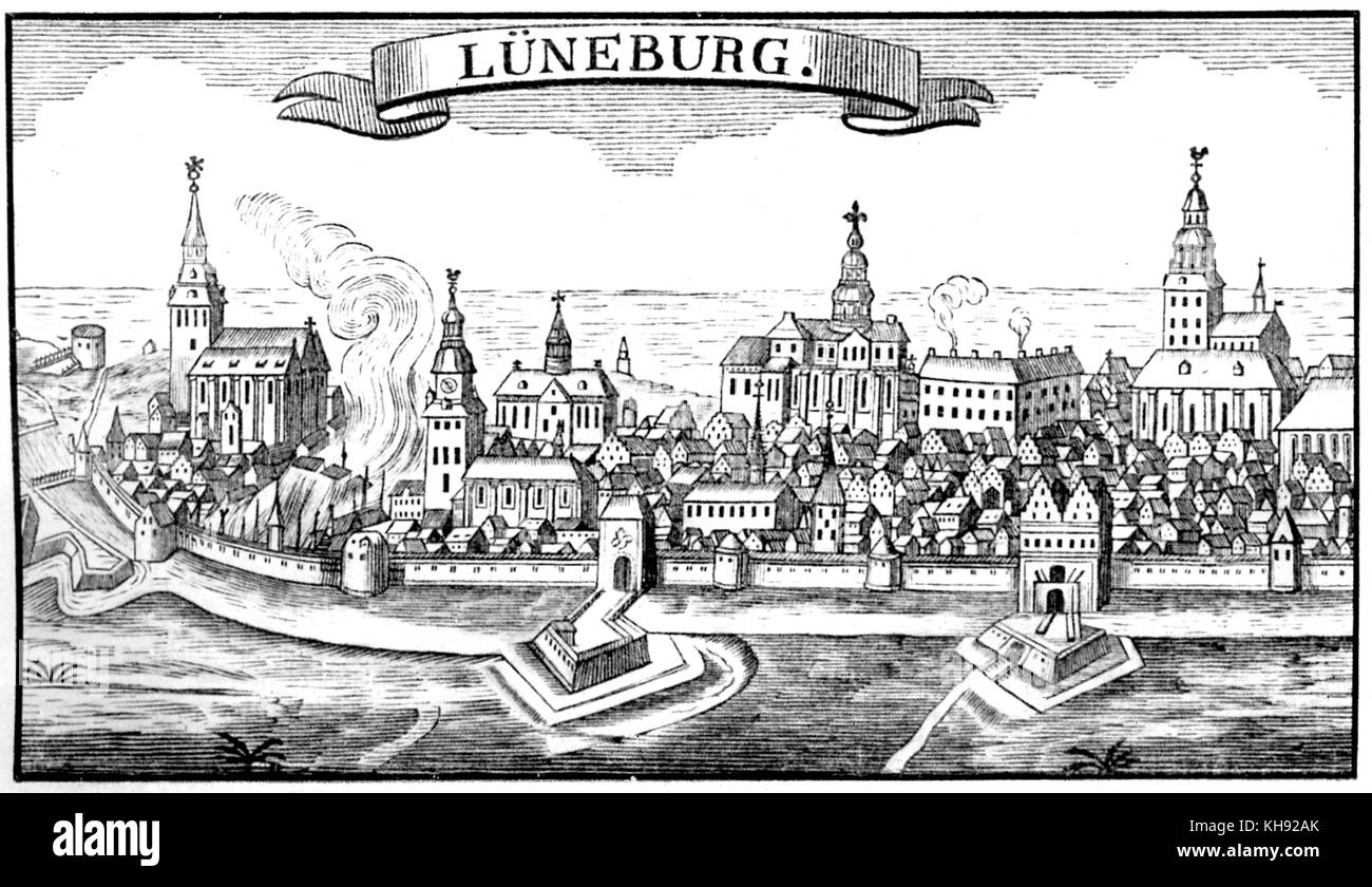 Lüneberg, Allemagne. Johann Sebastian Bach, compositeur et organiste, et s'installe à Luneberg en mars 1700. Bach : 21 mars 1685 - 28 juillet 1750. Les clochers de l'église. Vue paysage. Banque D'Images