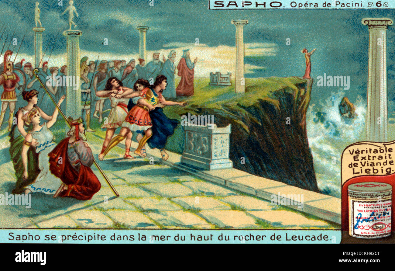 Saffò : opéra de Giovanni Pacini. Sappho sautant de la falaise à Leucadia dans la mer. Elle espère économiser de l'Apollo, elle se noie. Opera en première au Teatro San Carlo de Naples, le 29 novembre 1840. Livret de Salvadore Cammarano, basé sur le jeu par Franz Grillparzer, après la légende de la poétesse grecque Sappho. Illustration de Liebig carte de collection. 1921. GP : compositeur italien, 17 février 1796 - 6 décembre 1867. Banque D'Images