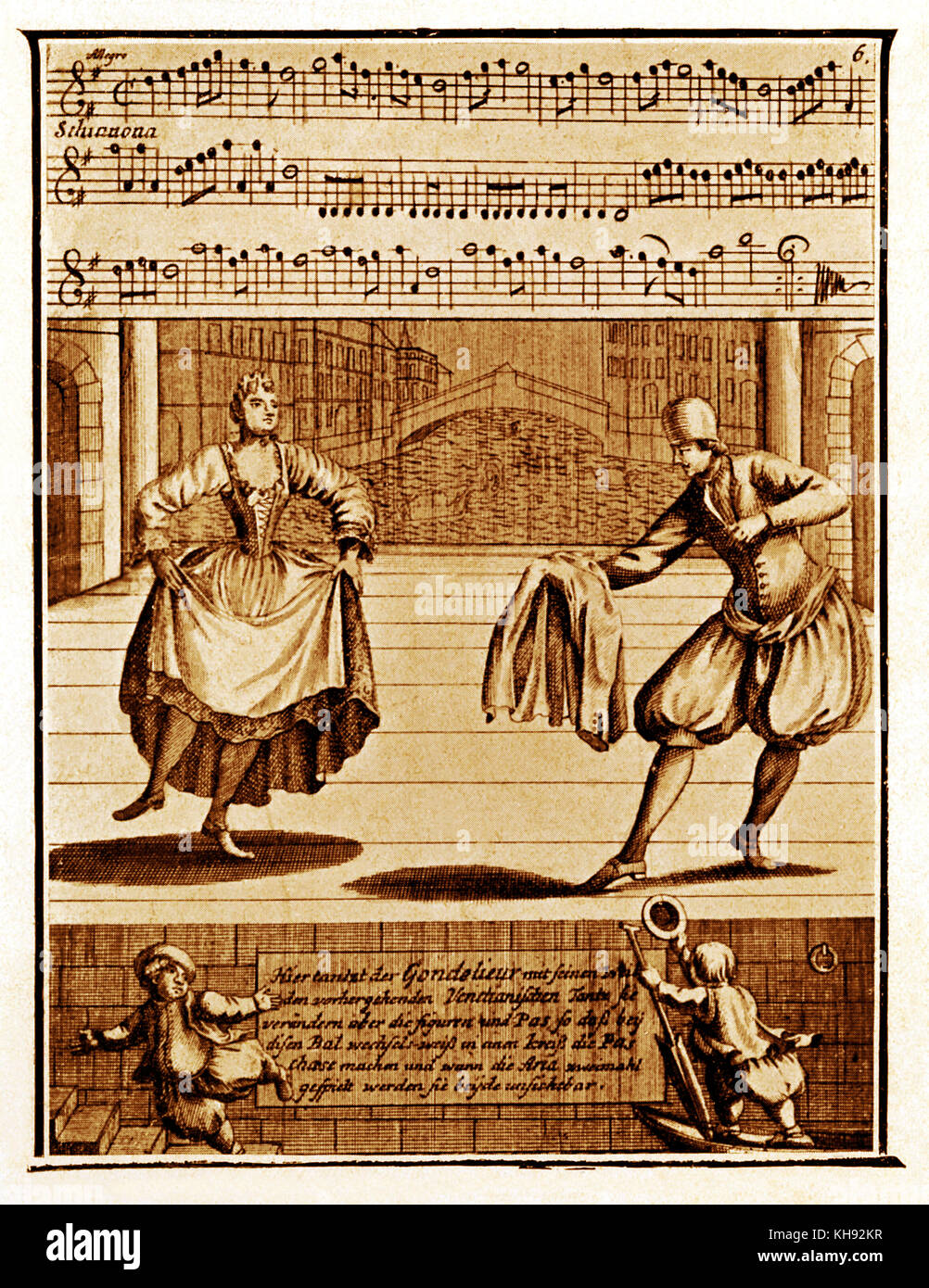 Danse des gondoliers Vénitiens - de la gravure publié dans Lambrauzi's Ecole de Danse. Danses de ballet du 17ème/18ème siècle. (Anglais : 'Danse de gondoliers vénetiens'). Banque D'Images