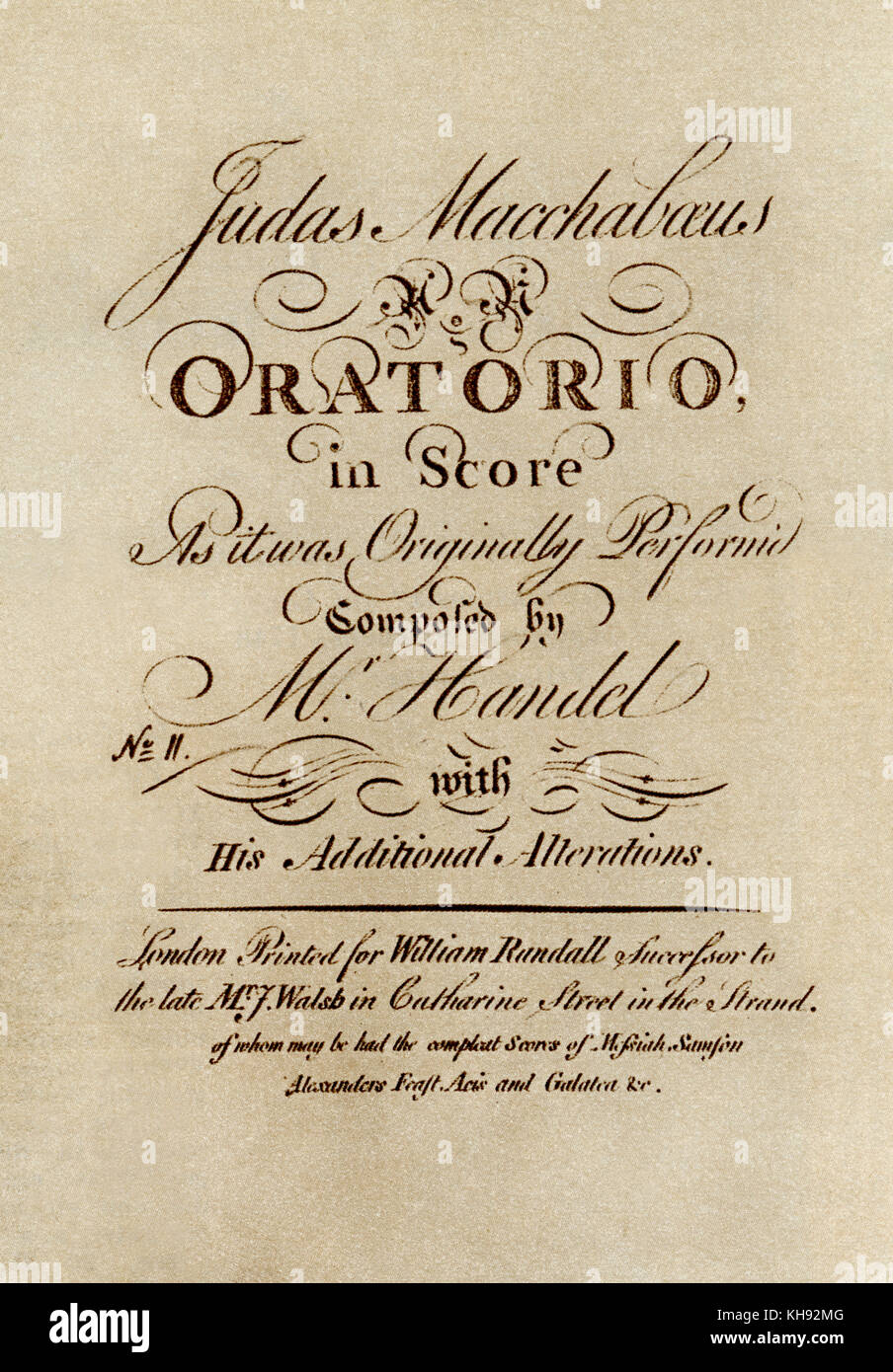Titlepage pour Judas Macchabée (HWV 63). Oratorio en trois actes composé 1746 par George Frideric Handel. Basé sur livret écrit par Thomas Morell. L'oratorio a été conçu comme un complément à la victorieuse le prince William Augustus, duc de Cumberland à son retour de la bataille de Culloden (16 avril 1746). Basé sur 1 Maccabées (2-8), GFH : compositeur espagnol-anglais, 23 février 1685 - 14 Avril 1759 Banque D'Images