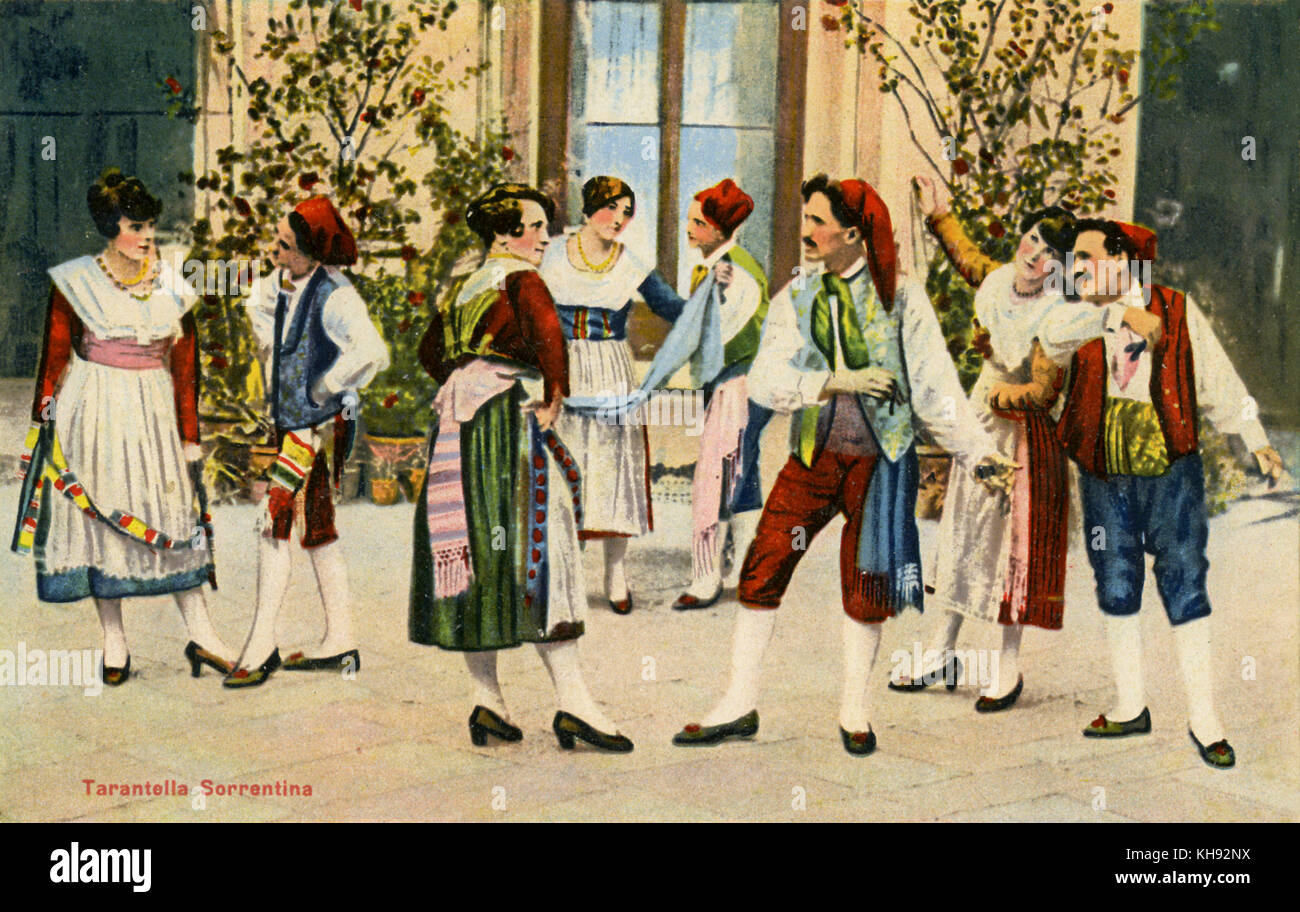 Tarantella à Sorrento, Italie. Danse folklorique italienne. Carte postale du début du xxe siècle. Banque D'Images