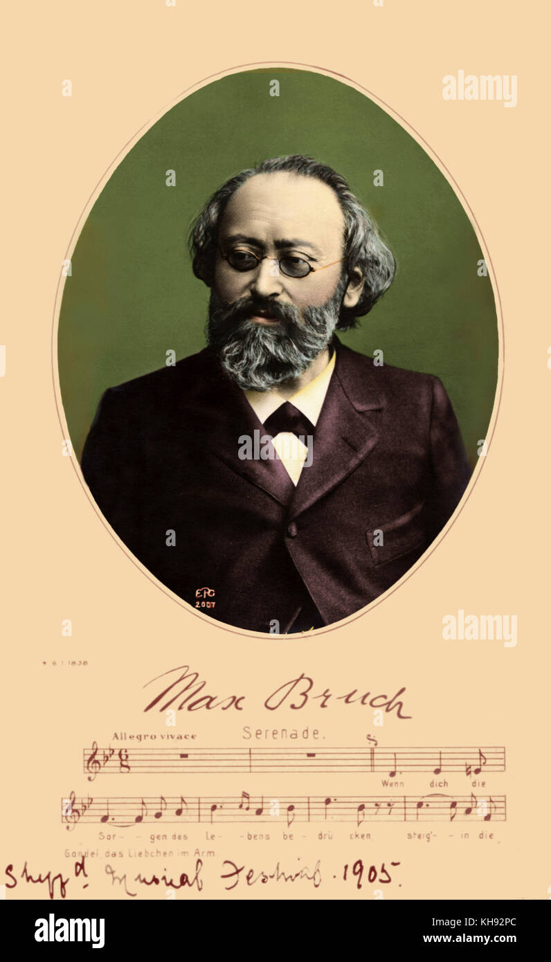 Max Bruch, portrait avec des bâtons de score d'un morceau sérénade. Compositeur allemand, 1838-1920. Banque D'Images