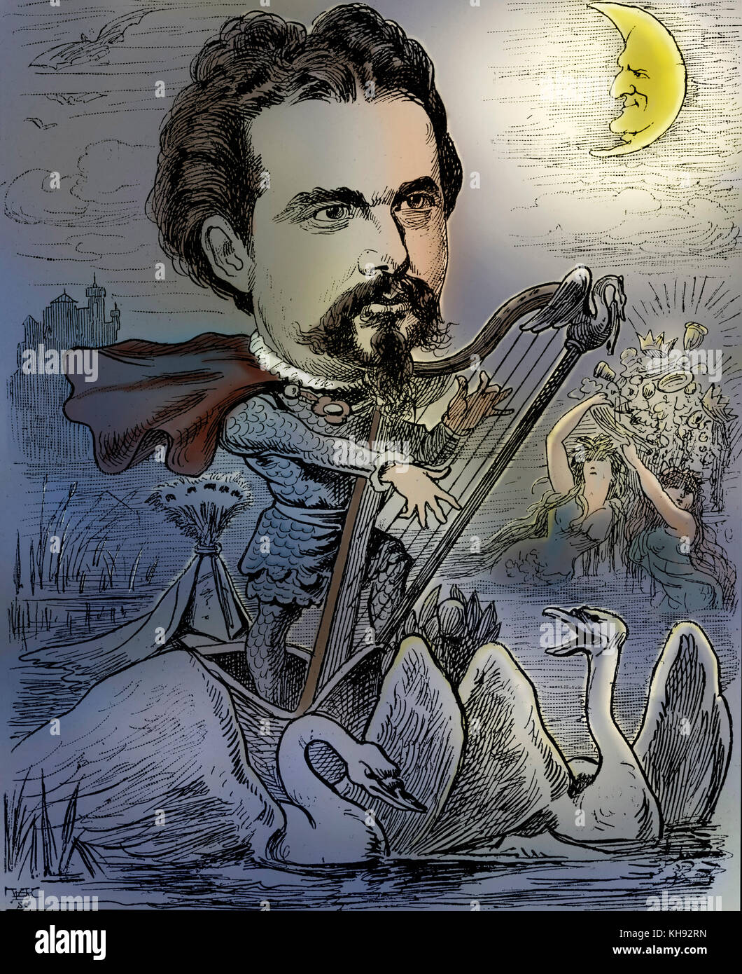 Louis II de Bavière : Lohengrin 'king' - caricature publiée dans 'Der Floh', 30 août 1885. Connu sous le nom de Swan King. 25 août 1845 - 13 juin 1886. Wagner connexion. Banque D'Images