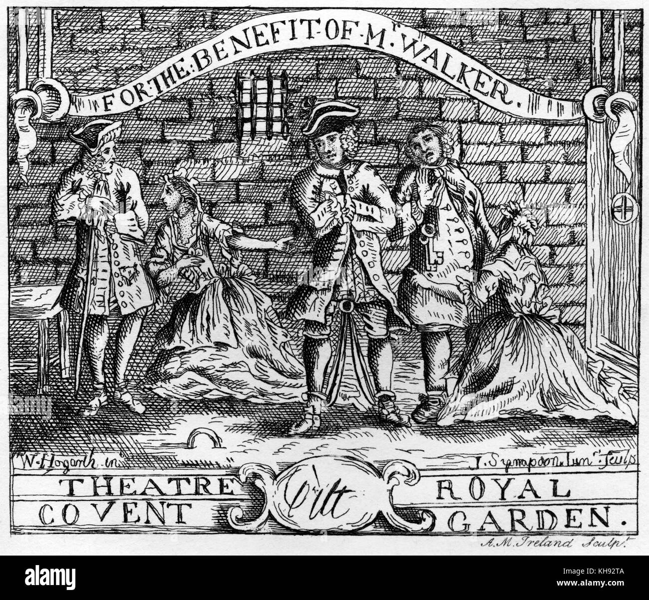 Le mendiant 's Opera par John Gay. La conception de billets pour un spectacle-bénéfice de Beggar's Opera au Theatre Royal Covent Garden, avec M. Walker. À partir de la gravure de Samuel Irlande après gravure sur cuivre par Joseph Sympson le jeune (c.1705-1736) d'après un dessin (c.1728-31) de William Hogarth. Gay : dramaturge et poète anglais, 16 septembre 1685 - 4 décembre 1732. Banque D'Images
