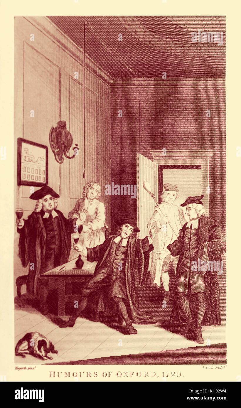 Humeurs d'Oxford - frontispice de William Hogarth, 1729. Jouer la comédie par James Miller. Peformed de Drury Lane, London. Montrant le Vice Chancelier avec son bedeau surprenant deux boursiers d'un collège, dont l'un est ivre, à la taverne. Gravé par T. Cook. Banque D'Images