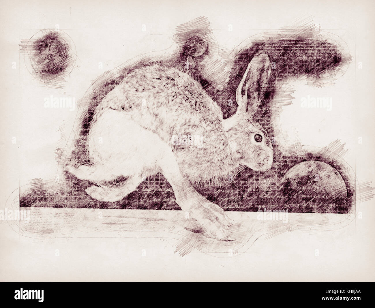 Un dessin au crayon d'un lièvre au milieu de stride avec fond de grille, l'écriture et les planètes en arrière-plan. Banque D'Images