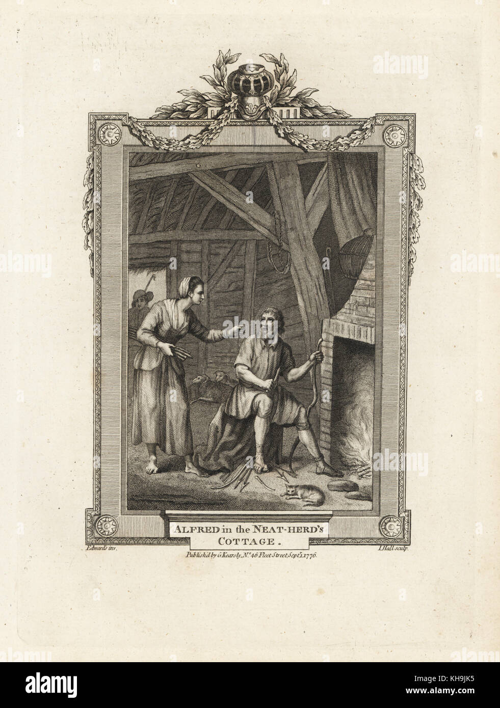 Le roi Alfred brûler les gâteaux dans le troupeau-neat's Cottage. La gravure sur cuivre par J. Hall après une illustration par Edwards de la plaque de cuivre Magazine mensuel ou trésor, G. Kearsley, Londres, 1778. Banque D'Images