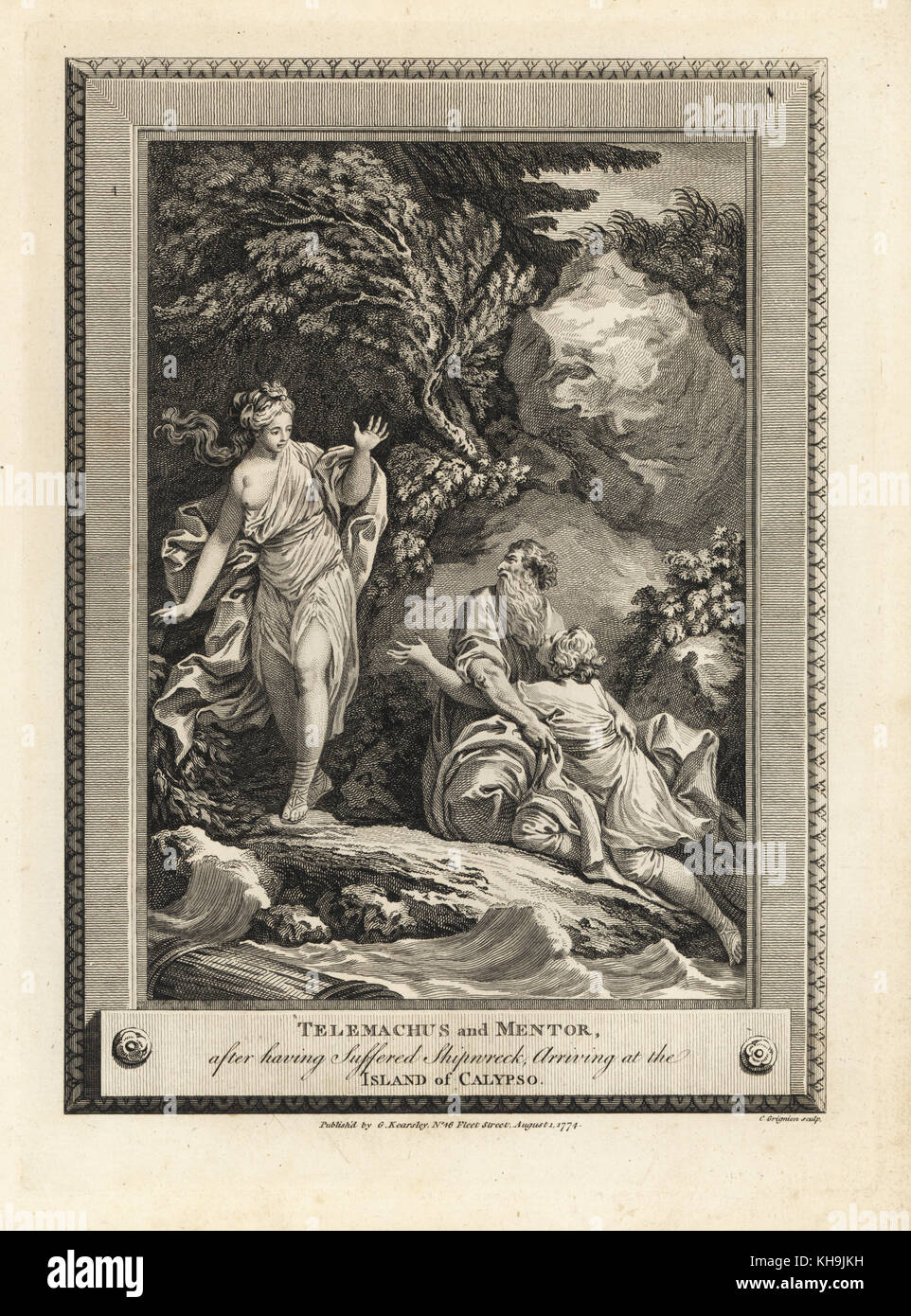 Télémaque et Mentor arrivent sur l'île de Calypso après leur naufrage. La gravure sur cuivre par C. Grignion de la plaque de cuivre Magazine mensuel ou trésor, G. Kearsley, Londres, 1778. Banque D'Images